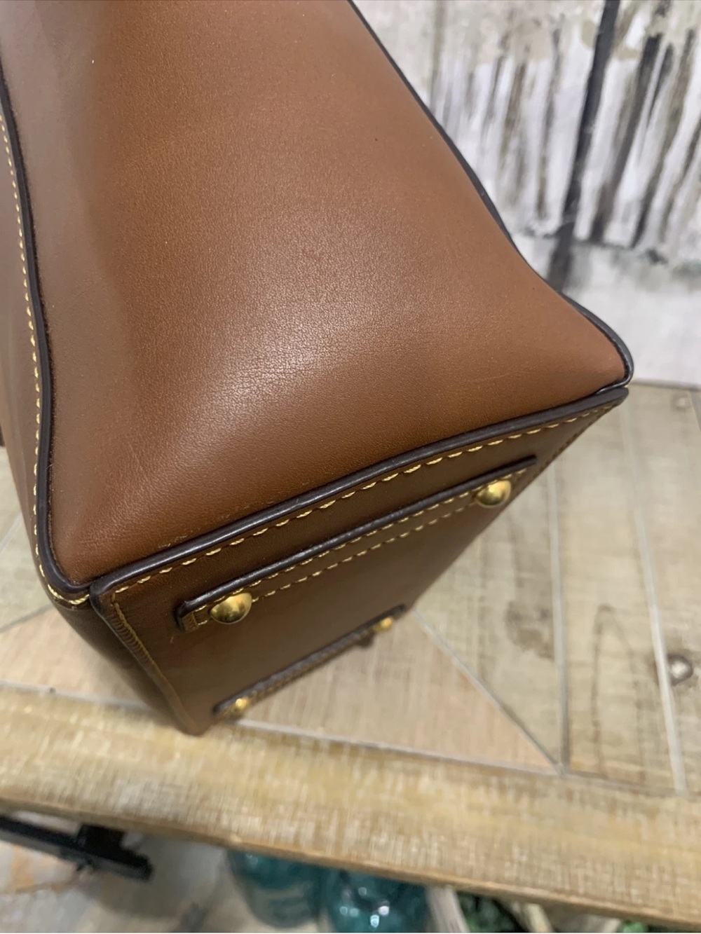 Leather Bucket Shoulder Bag in Brown with Gold Accent - Picture 9 of 16